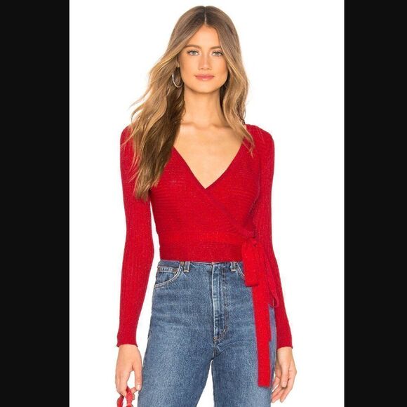 NWT Revolve x By The Way Mary Lurex Wrap Sweater in Red Metallic | Size S - Picture 1 of 11